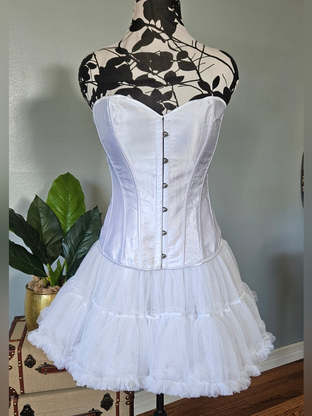 Coquette Satin Overbust Corset & Tulle Petticoat Tutu Skirt Costume Set Size L